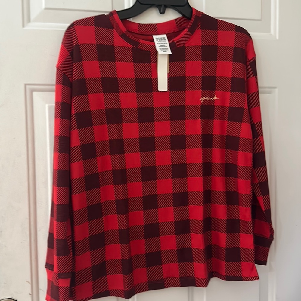 VICTORIA’S SECRET PINK PLAID/CHECK THERMAL SLEEP TOP: RED/BLACK: NWT: SIZE XS